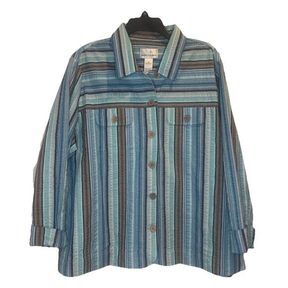 Drapers & Damons Womens Striped Button Down Roll Tab Sleeve Blouse Top Sz 2X - Picture 1 of 8